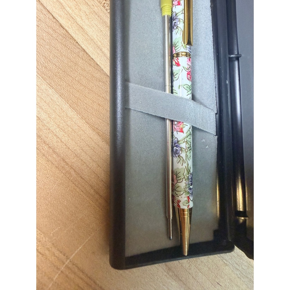 Vintage Floral Ballpoint Pen Gold Tone Cherub Angel Clip with Case and Refill